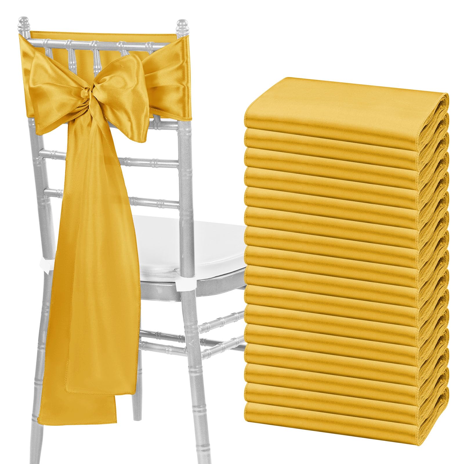 Fani 60 Pcs Gold Satin Chair Sashes Bows Universal Chair Cover For Wedding Reception Restaurant Event Decoration Banquet,Party,Hotel Event Decorations (7 X 108 Inch)
