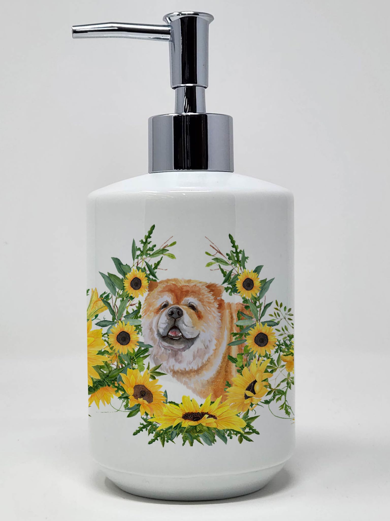 Caroline's Treasures CK2887SOAP Chow Chow in Sunflowers Ceramic Soap Dispenser Hand Soap Dispenser Pump Bottles for Bathroom Kit