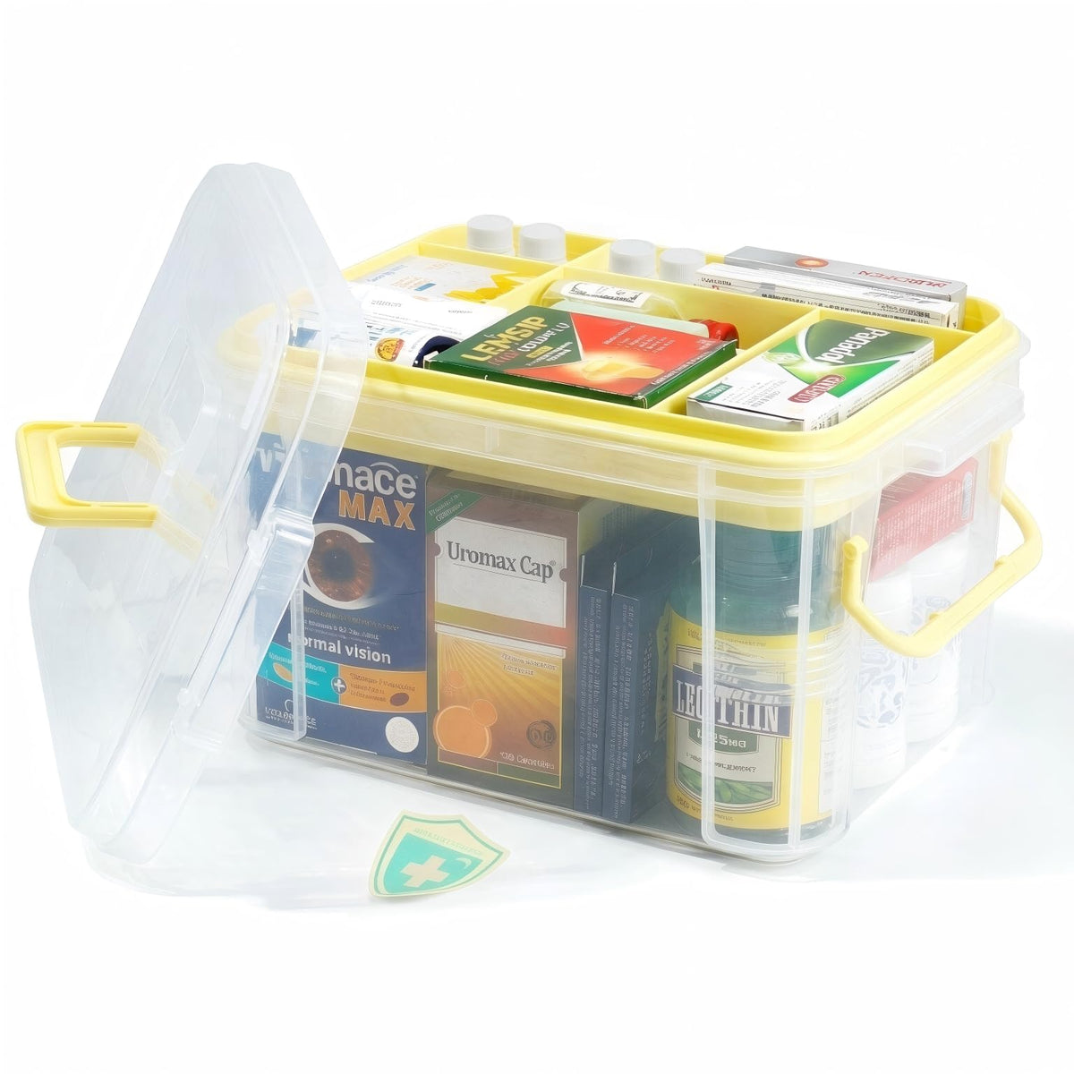 2Tier Medicine Organizer  Plastic Portable Storage Box with Handle Yellow