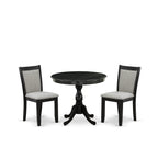 East West Furniture AMMZ3-AB6-06 3 Piece Modern Dining Table Set Contains a Round Kitchen Table with Pedestal and 2 Shitake Linen Fabric Upholstered Chairs, 36x36 Inch, Wirebrushed Black