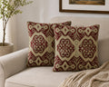 Eyda Veloura Embroidered 18X18 Cushion Cover | Burgundy & Ivory Decorative Throw Pillow Cover For Sofa, Bed & Living Room