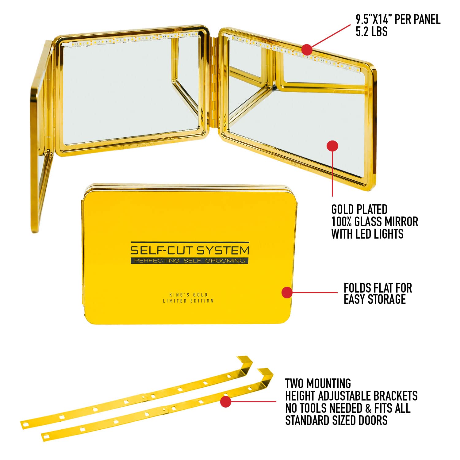 Self-Cut System King'S Gold Plated Mirror, Three Way, 360, Trifold, Self Haircuts, 9.5'X14'