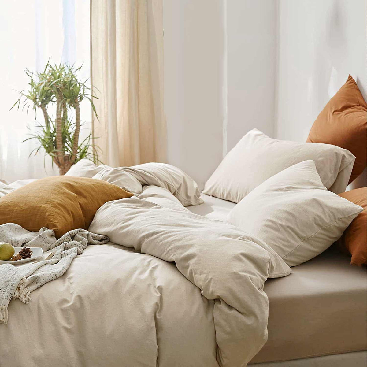 Etdiffe Beige Duvet Cover King Size, Soft Farmhouse Bedding Comforter Cover Set 3 Pieces With Zipper Closure, 1 Lightweight Micr