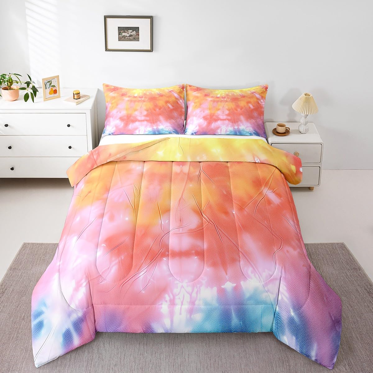 Girls Tie Dye Comforter Set with Pillowcase Trippy Bedding Boho Hippie Psychedelic Gypsy Down Comforter Twin Kids Bed Sets Soft 