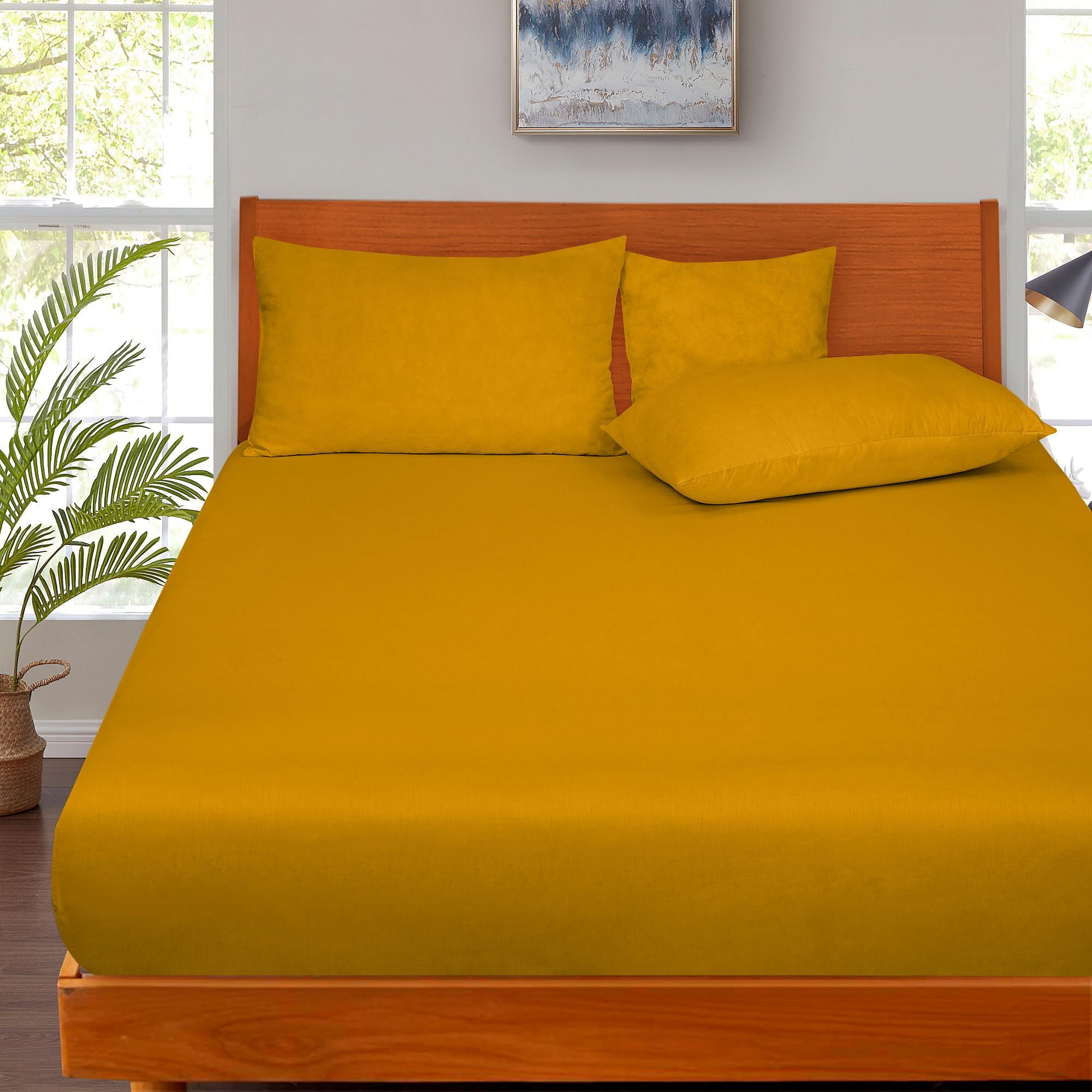 Royale Linens 300 Thread Count 100% Long Staple Combed Cotton Fitted Sheet - Super Soft Deep Pocket Bottom Sheet - Yellow Fitted