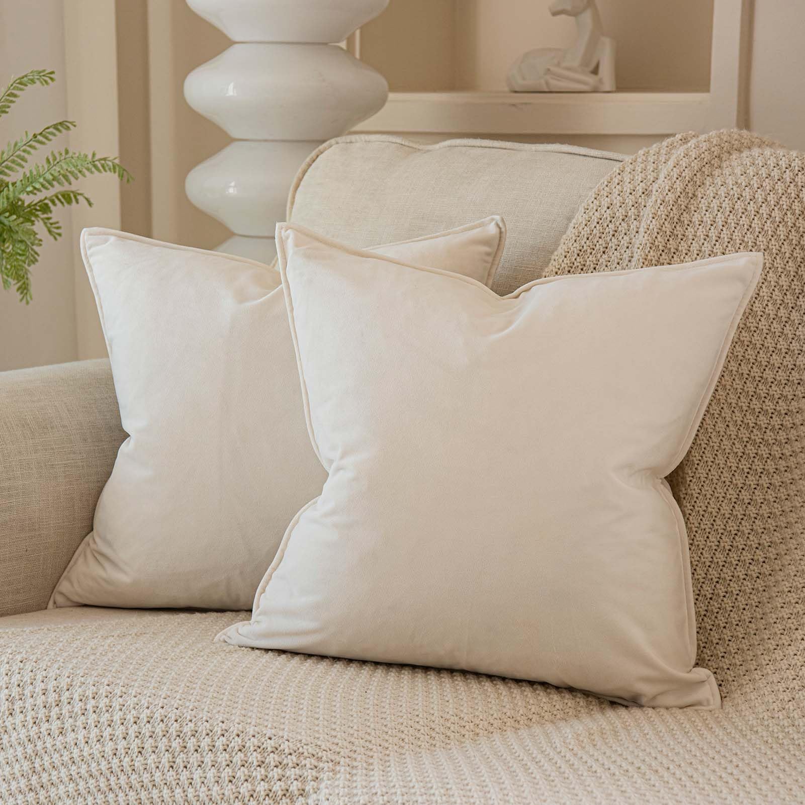 Juspurbet Cream White Decorative Velvet Throw Pillow Covers 24X24 Inch Set Of 2,Broadside Soft Cushion Case With Invisible Zippe