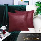 Brawarm Faux Leather Pillow Covers 16 X 16 Inches, Burgundy Leather Pillow Covers Pack Of 2, Crocodile Leather Decorative Throw