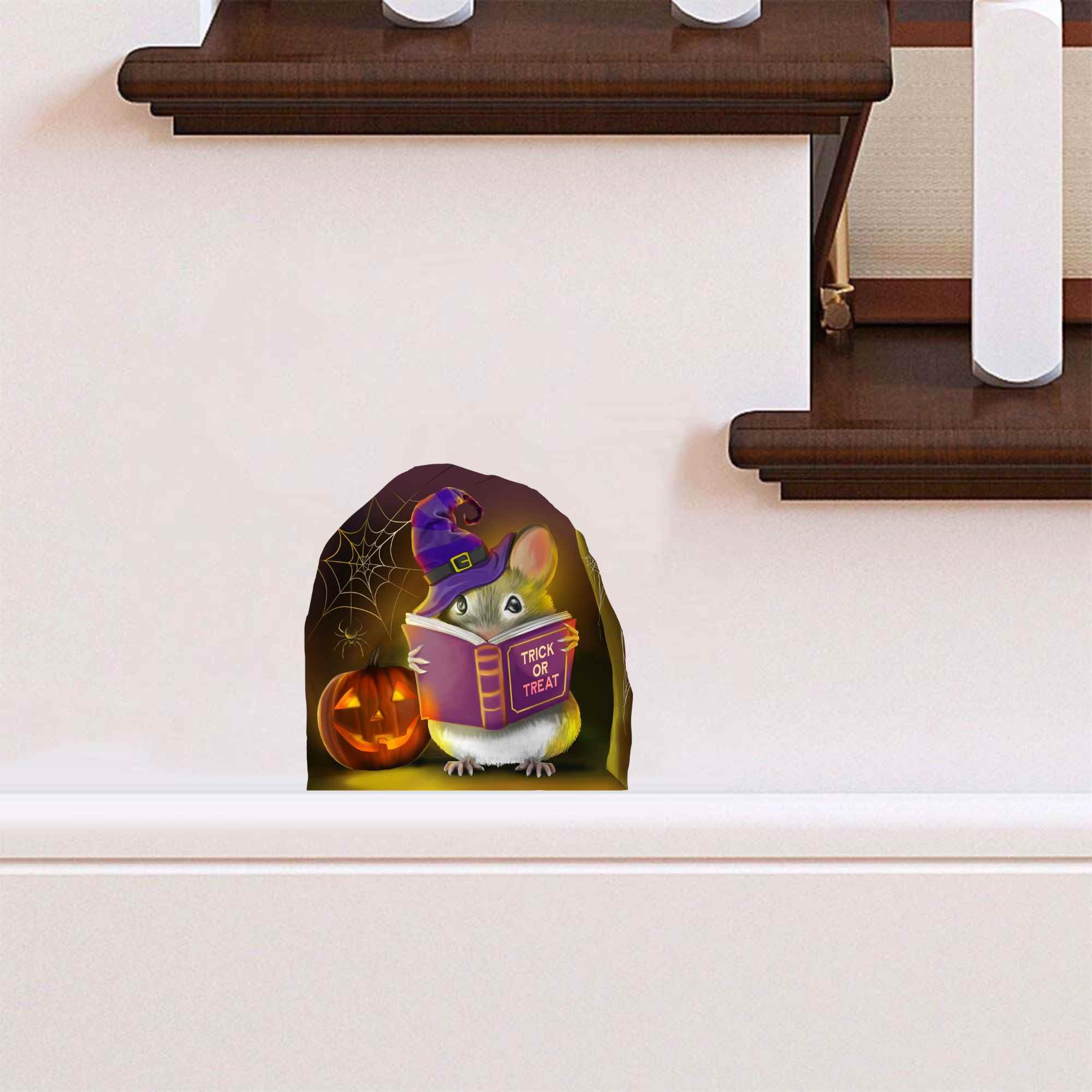 Halloween Mouse Reading Book In Hole, Wall Decal Sticker, Holiday Party Lover Decoration, Pumpkin Spider Parties, Mice Baseboard