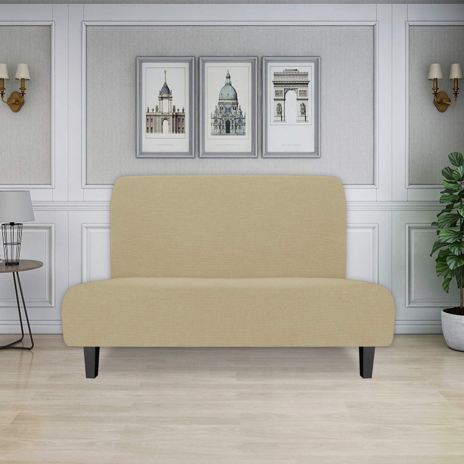 Easy-Going Stretch Futon Slipcover Armless Futon Bed Cover Furniture Protector Without Armrests With Elastic Bottom For Kids, Soft Jacquard Fabric Small Checks (Medium, Beige)