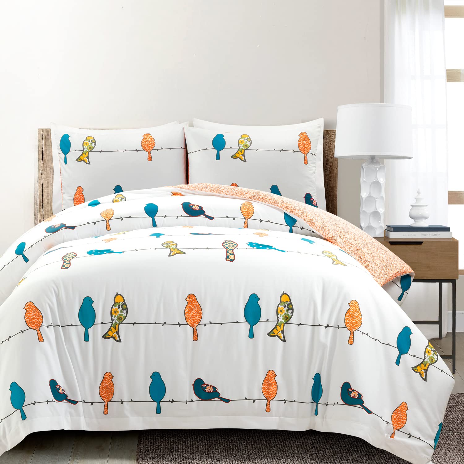 Lush Decor Rowley Birds Reversible Cotton Duvet Cover Set, 3 Piece Set, King, Multi - Colorful Bird Bedding Set - Whimsical & Pl