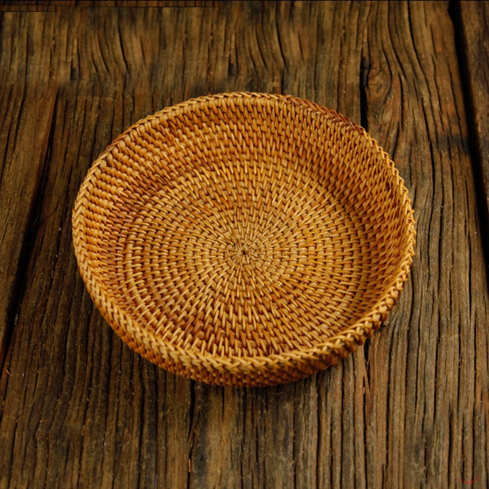 Amololo Hadewoven Round Rattan Fruit Basket Wicker Food Tray Weaving Storage Holder Dinning Room Bowl, 7   Decorative Natural Ba