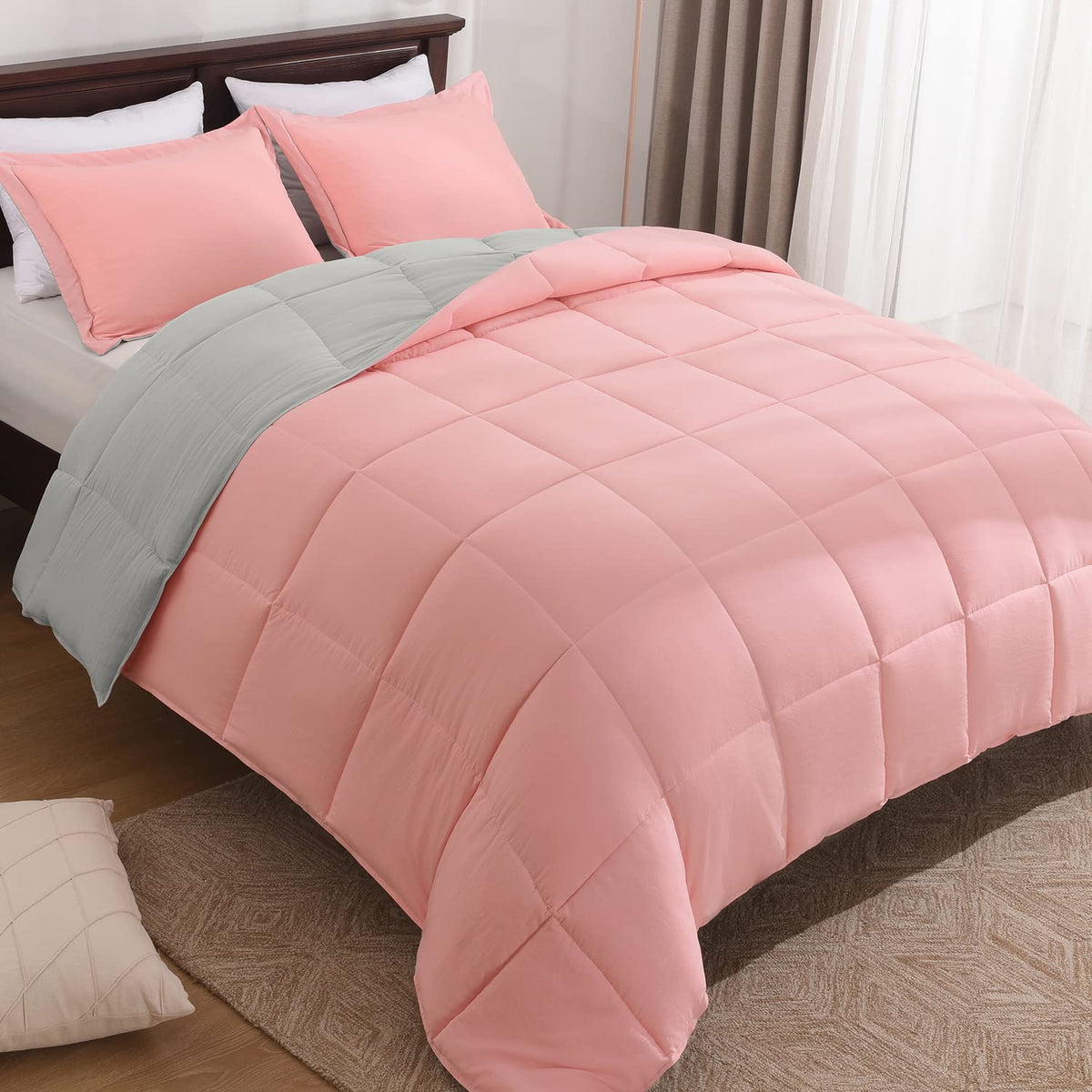 Basic Beyond King Size Comforter Set - Fluffy King Bed Comforter Set For All Seasons - Reversible Pink And Grey Comforter Set Ki