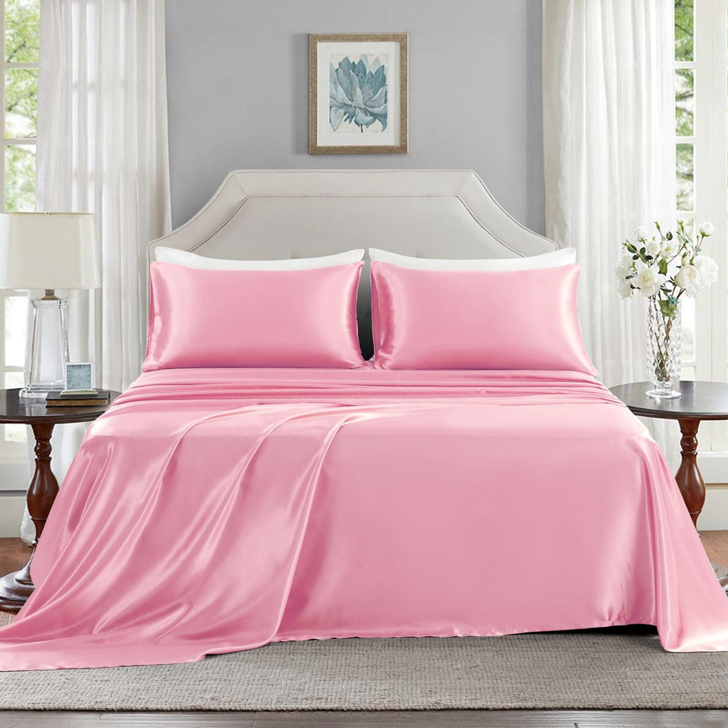 Golal Satin Sheets Full Size - 4 Pieces Luxury Silky Soft Bed Sheets, Wrinkle-Free Light Pink Satin Silk Sheet Set With 1 Deep Pocket Fitted Sheet, 1 Flat Sheet, 2 Pillow Cases