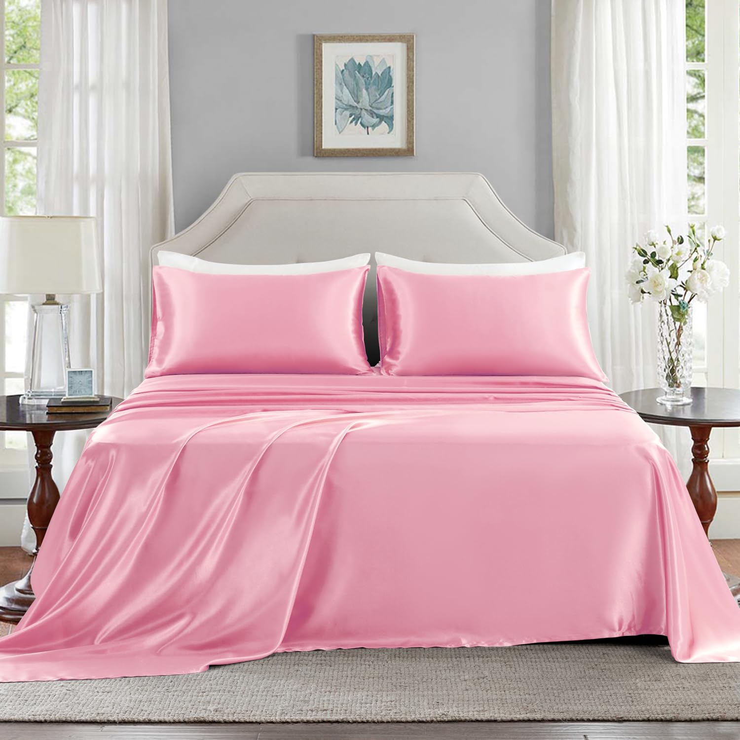 Golal Satin Sheets Queen Size - 4 Pieces Luxury Silky Soft Bed Sheets, Wrinkle-Free Light Pink Satin Silk Sheet Set With 1 Deep Pocket Fitted Sheet, 1 Flat Sheet, 2 Pillow Cases