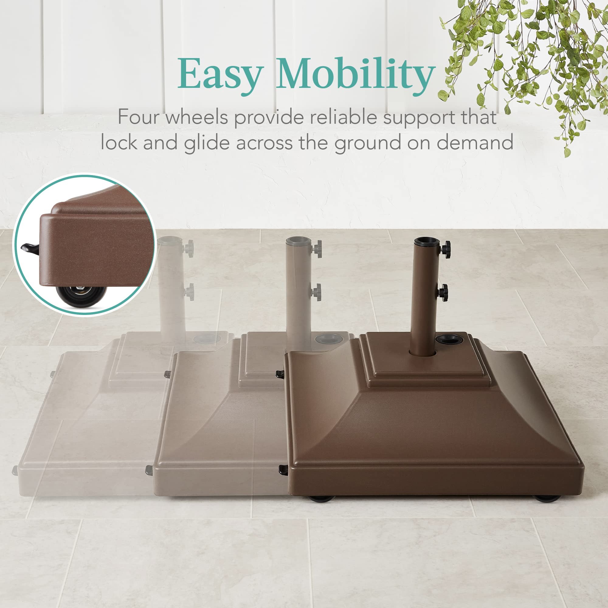Best Choice Products Fillable Mobile Umbrella Base, Heavy Duty Base, Square Tiered Market Stand For Patio, Deck, Outdoor W/ 4 Wheels, 2 Locks, 2 Knobs, 120Lb Capacity - Brown