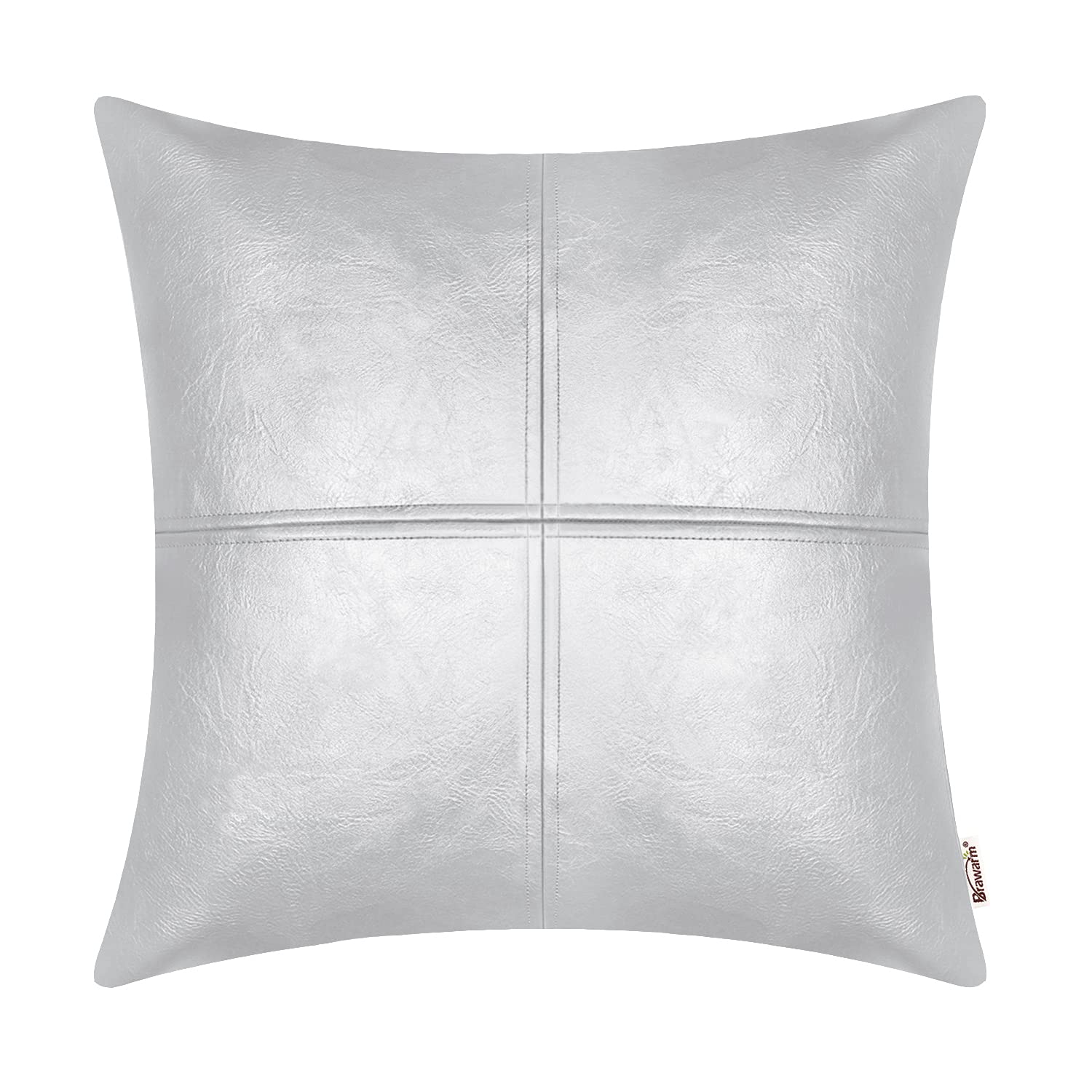 Brawarm Faux Leather Throw Pillow Covers 16 X 16 Inches, Silver Leather Pillow Cover, Hand Stitched Leather Decorative Pillow Co