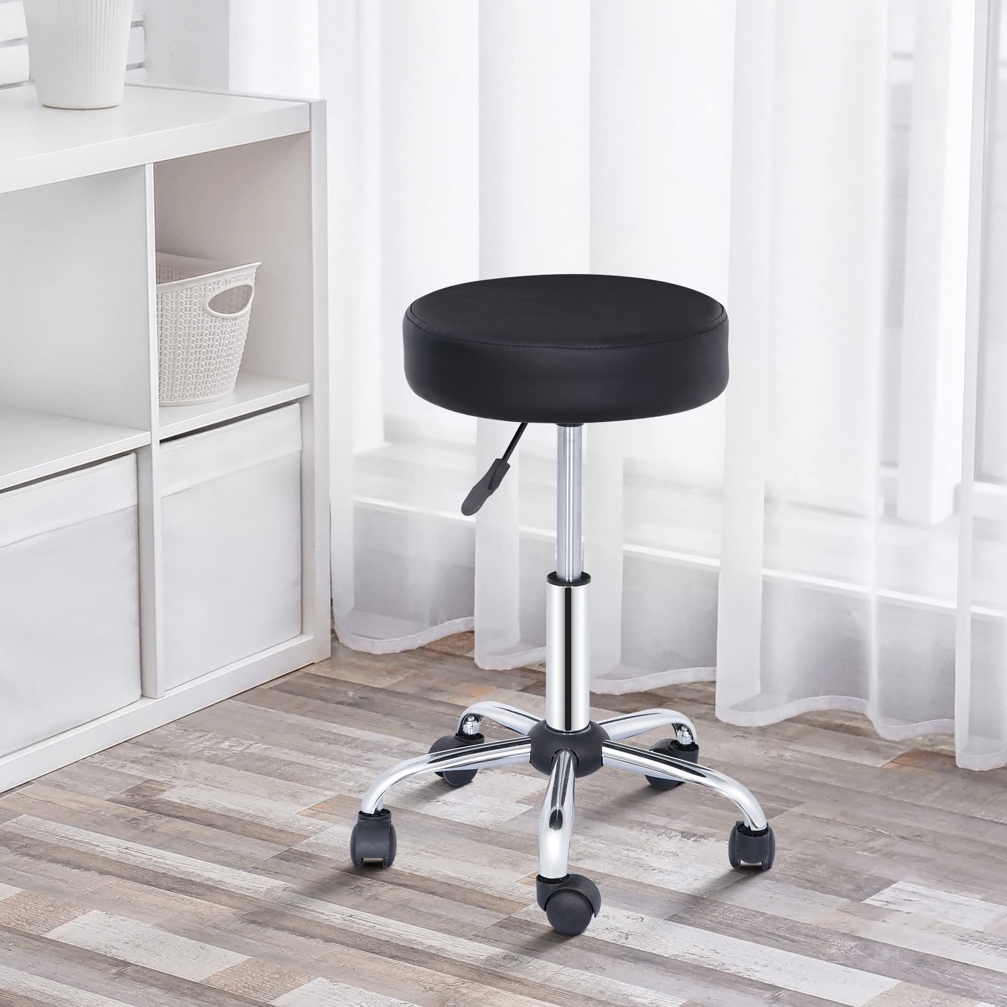 F2C PU Leather Round Salon Stool with Metal 5 Star Base and Wheels, Height Adjustable Hydraulic Bar Swivel Rolling Facial Massag