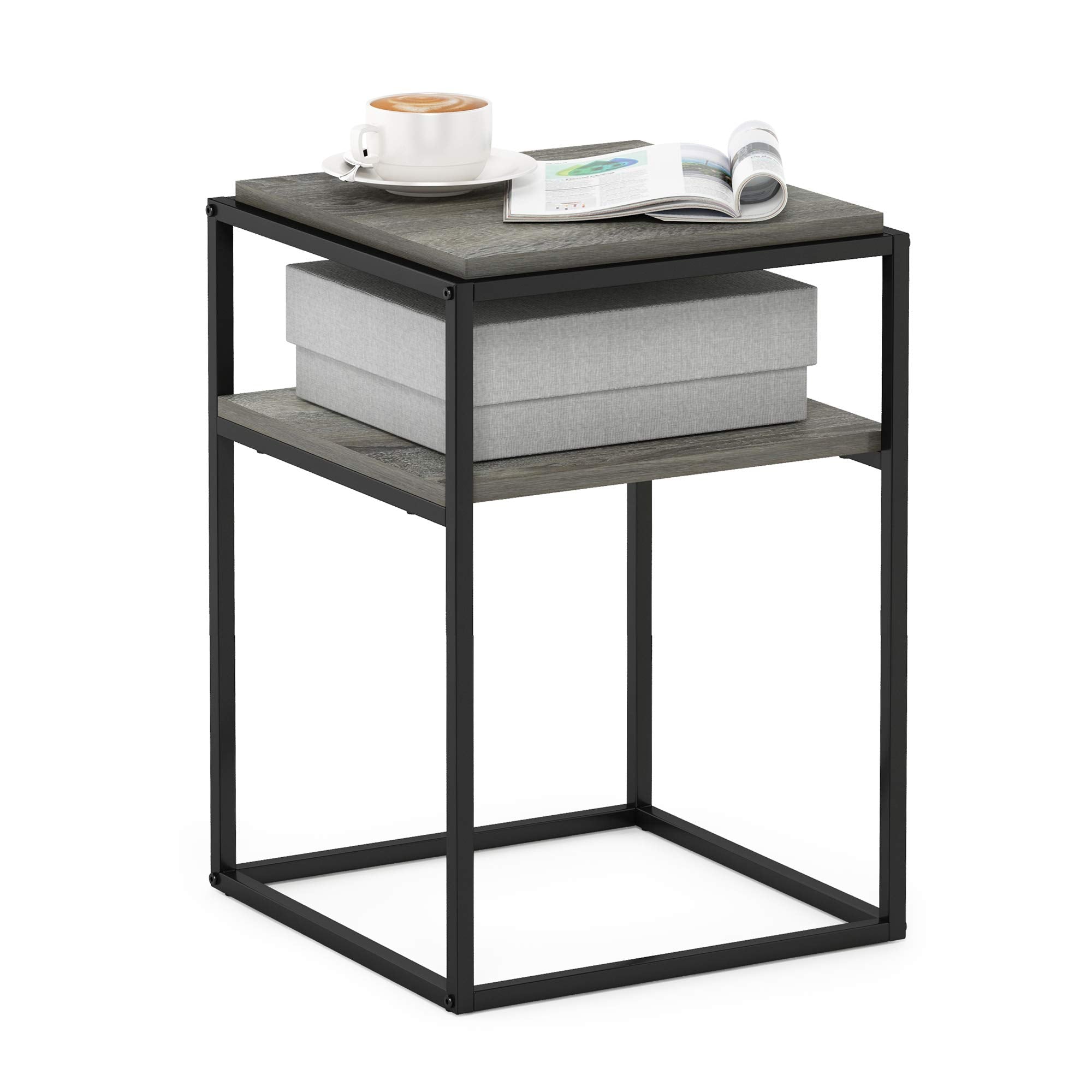 Furinno Simplistic End Side Night Stand/Bedside Table With Stainless Steel Tubes, Stackable Metal Frame, French Oak Grey