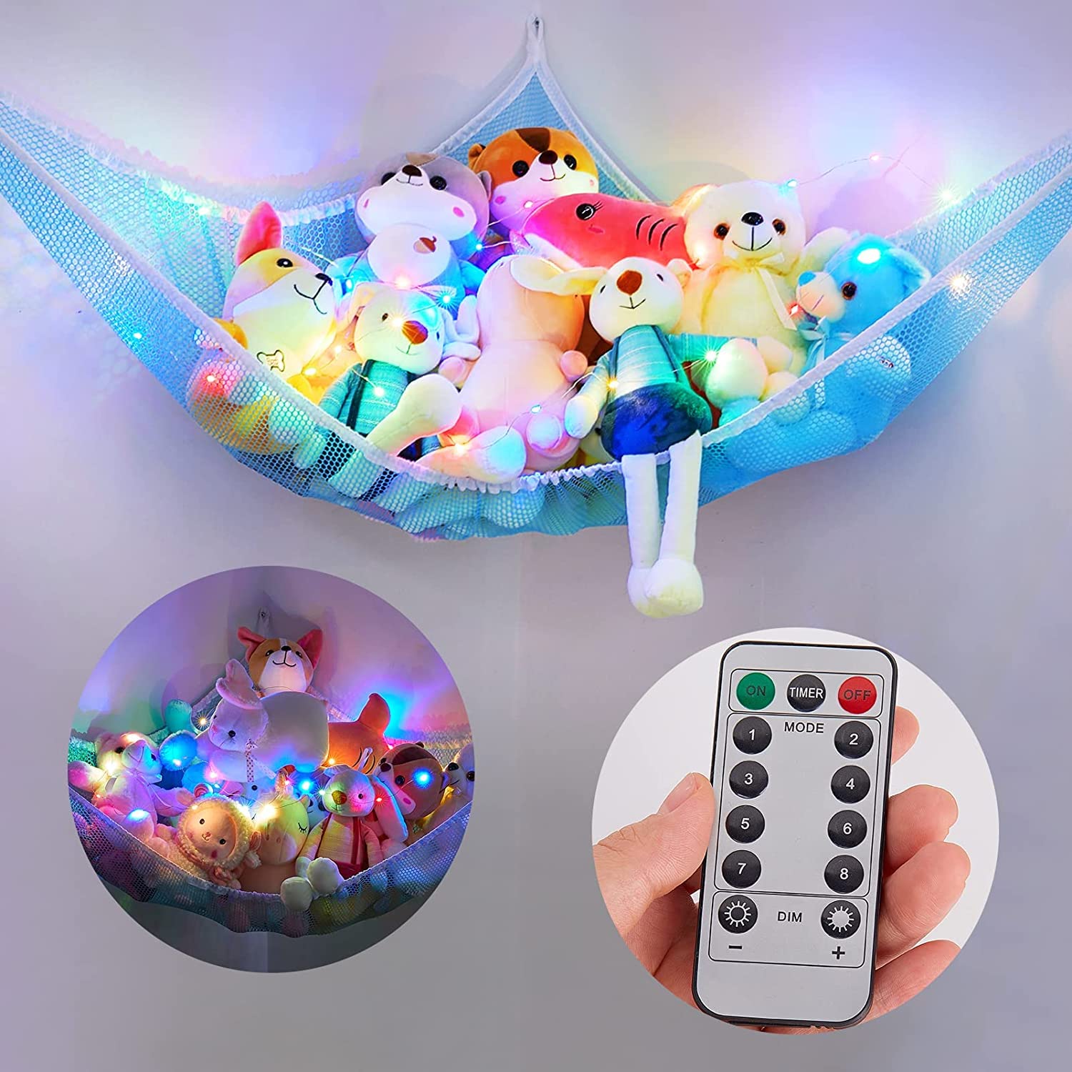 Basumee Stuffed Animal Net Or Hammock With Led Light Hanging Toy Net Hammock For Stuffed Animals Storage Stuff Animals Hammocks For Nursery Kids Room With Remote Control, 8 Kinds Of Lights, Blue A