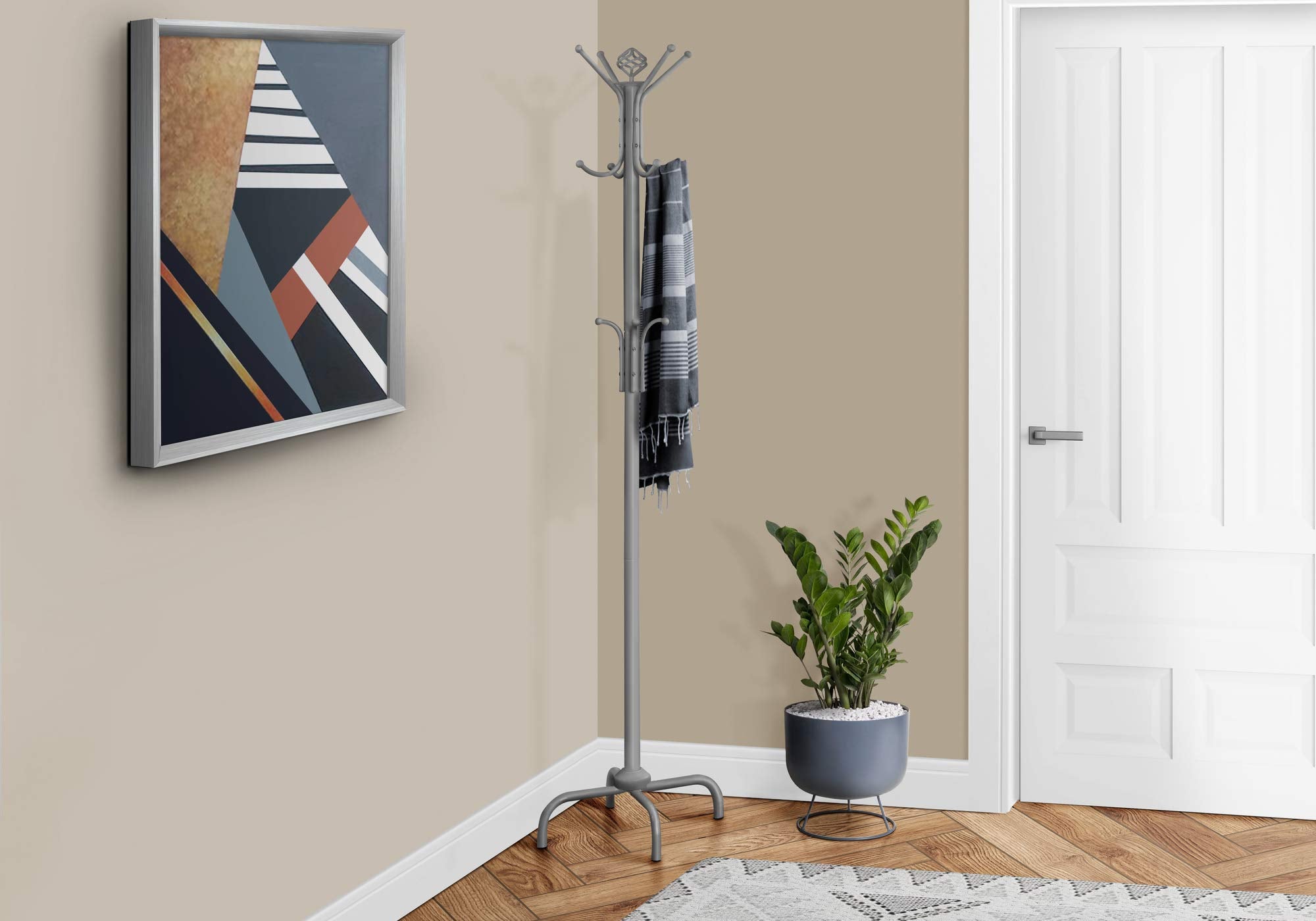 Monarch Specialties 2007, Hall Tree, Free Standing, 12 Hooks, Entryway, Bedroom, Metal, Grey, Contemporary, Modern Coat Rack, 19' L x 19' W x 70' H, Silver