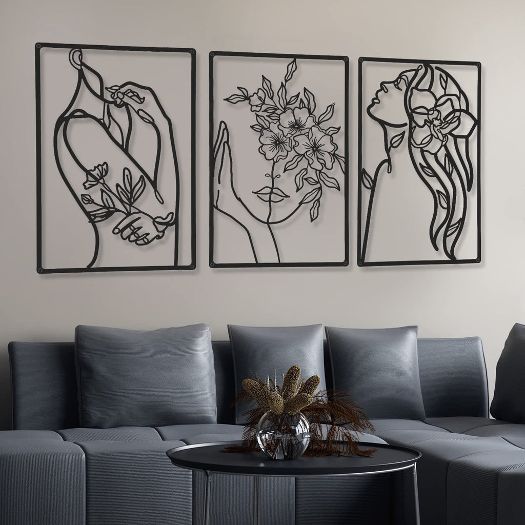 6 Pieces Black Metal Wall Decor Modern Minimalist Abstract Woman Wall Art Aesthetic Female Wall Sculpture Line Drawing Hanging A