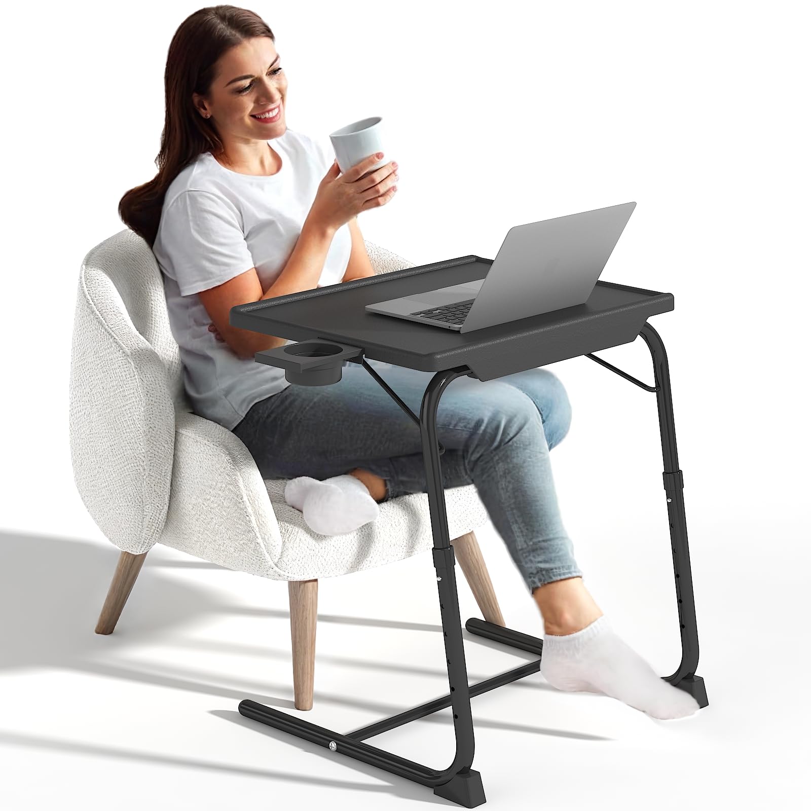 IWDOO TV Tray Table, Adjustable TV Dinner Table for Eating on Couch with Cup Holder, Folding Table with 6 Height & 3 Tilt Angle 