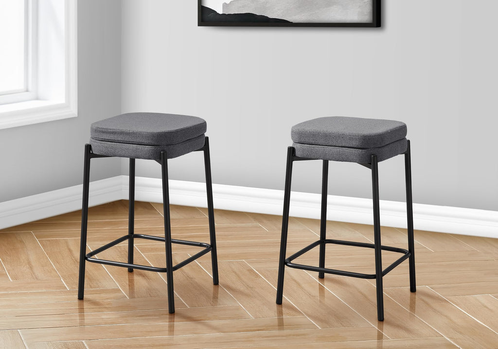 Monarch Specialties I 2226 Barstool, Counter Height, Set of 2, Kitchen, Grey Fabric, Black Metal, Contemporary, Modern