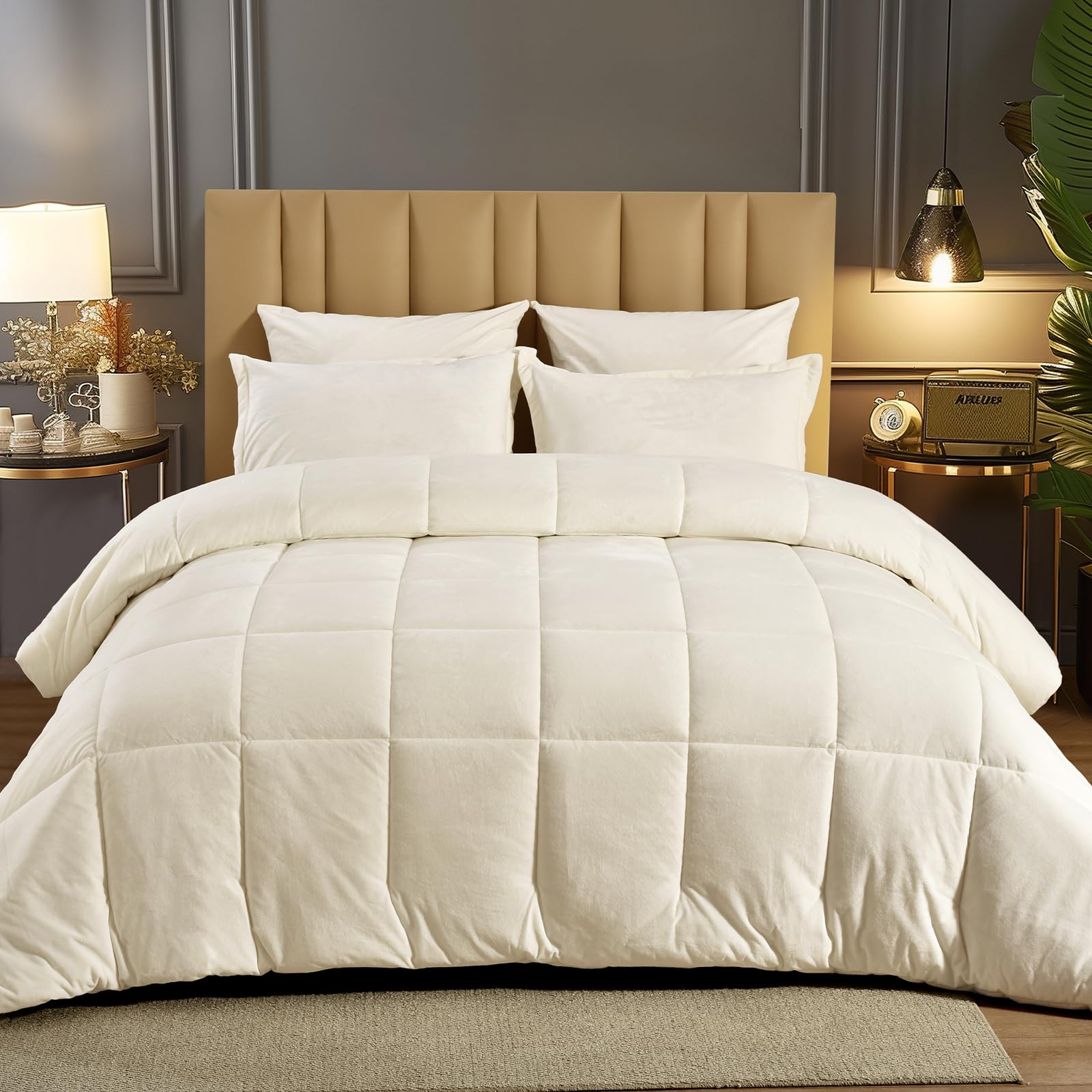 Phf Velvet Comforter Set Queen Size, 5 Piece Soft Luxury Silk Bedding Comforter Sets, Winter Warm Fluffy Bed In A Bag Including 1 Cozy Comforter, 2 Pillow Shams, 2 Euro Shams For Home Decor, Cream