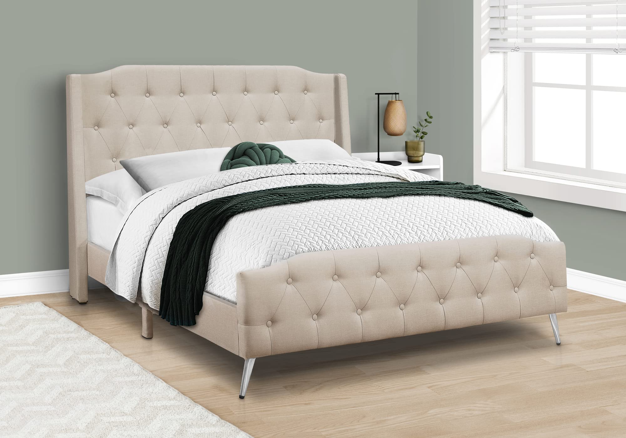 Monarch Specialties I 6046q Bed, Queen Size, Bedroom, Frame, Upholstered, Beige Linen Look, Chrome Metal Legs, Transitional