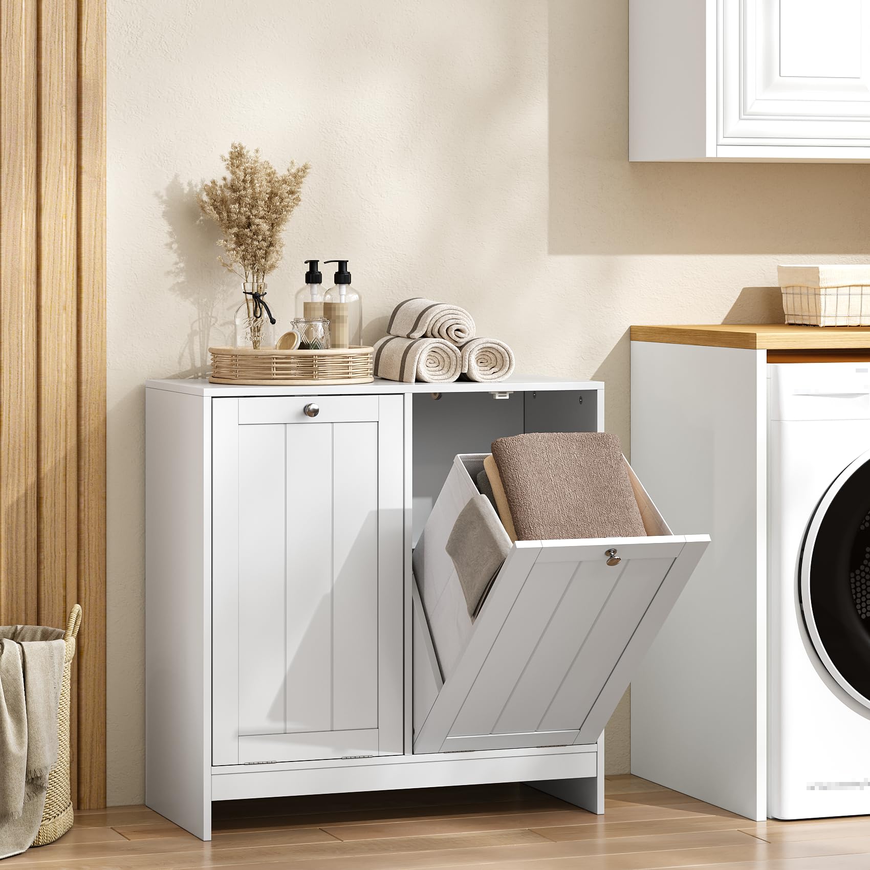Smart FENDEE Double Tilt Out Laundry Hamper Cabinet, 11.8 Gallon Hidden Trash Cabinets with 2 Baskets for Kitchen, Freestanding 