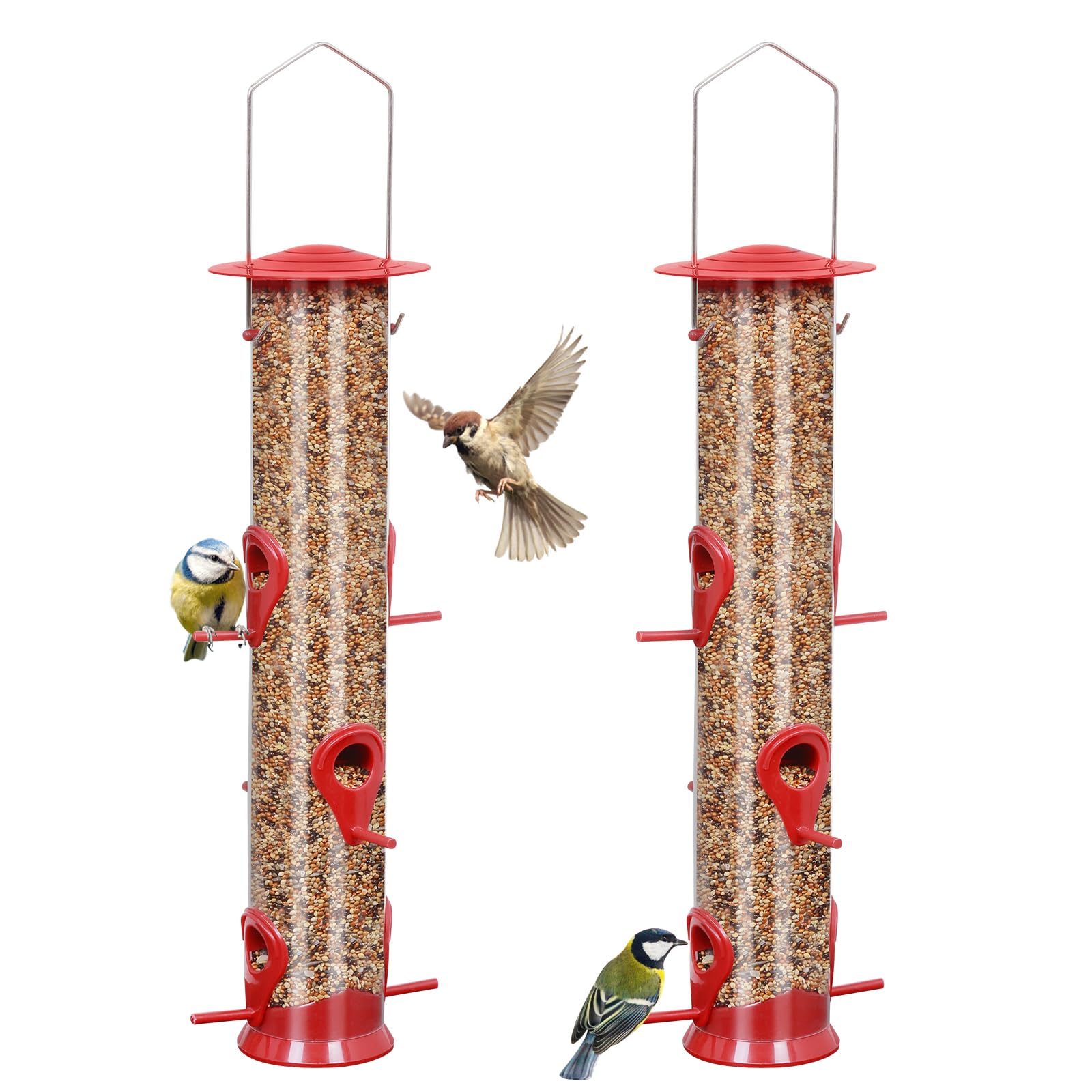 Bird Feeder 2Packs Tube Bird Feeders For Outdoors Hanging With 6 Feeding Ports Premium Hard Plastic With Steel Hanger Weatherpro