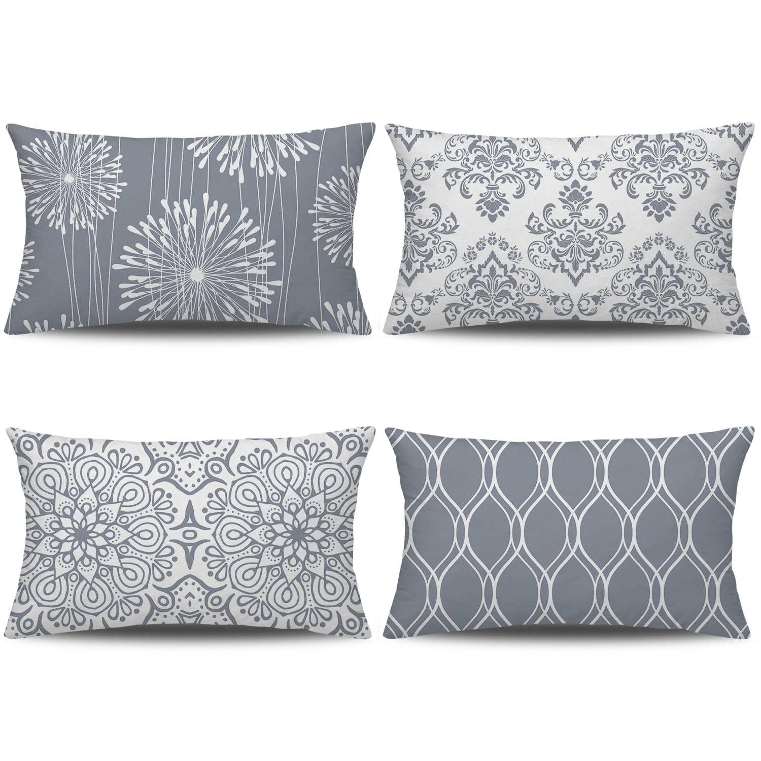 Coliuso Decorative Lumbar Pillow Covers 12x20 Set of 4, Grey and White Modern Simple Square Pillow Case Cushion Cover for Sofa C
