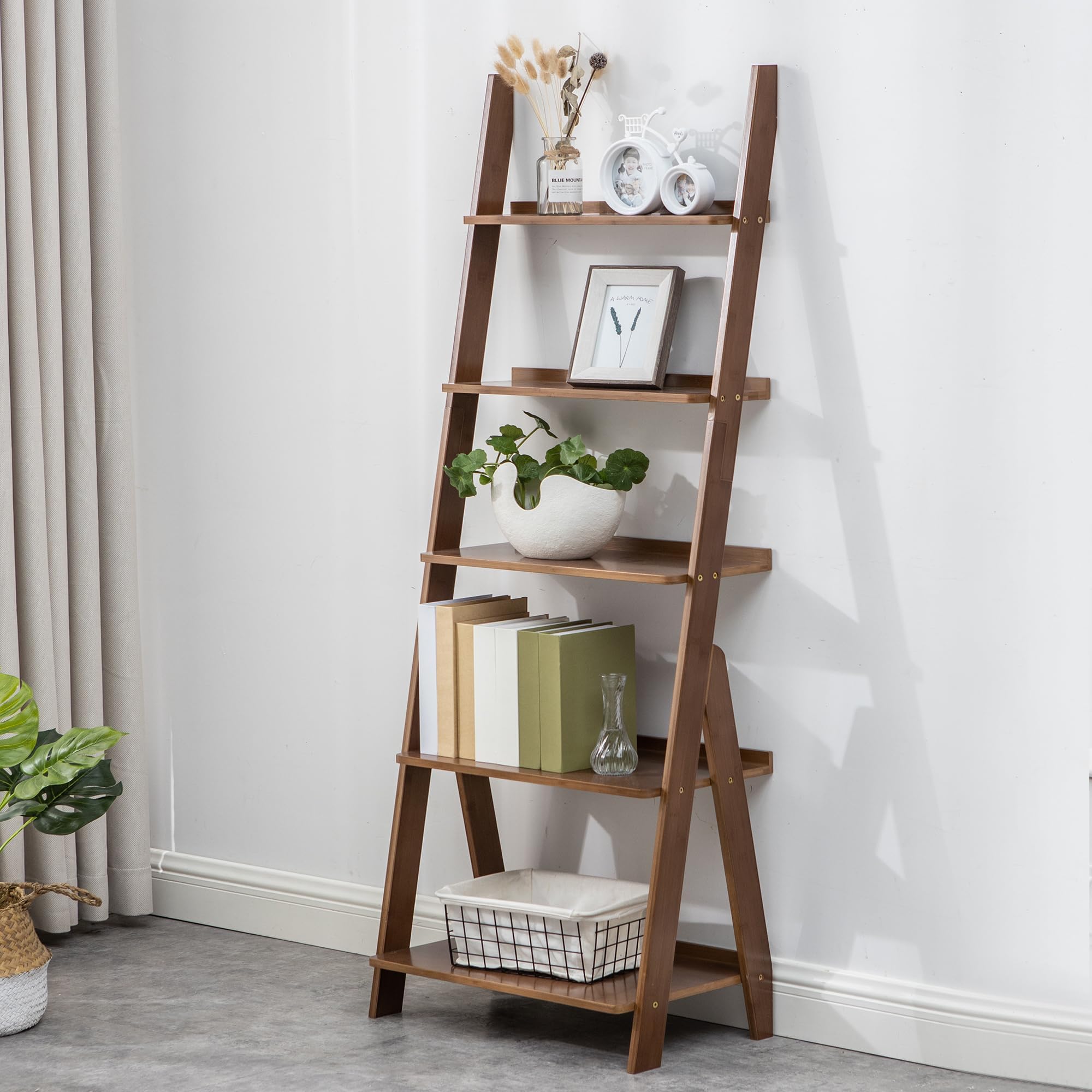 Maydear Bamboo Ladder Shelf Bookcase, 5-Tier Leaning Bookshelf Free Standing Organizer Storage Shelves for Living Room, Bedroom,