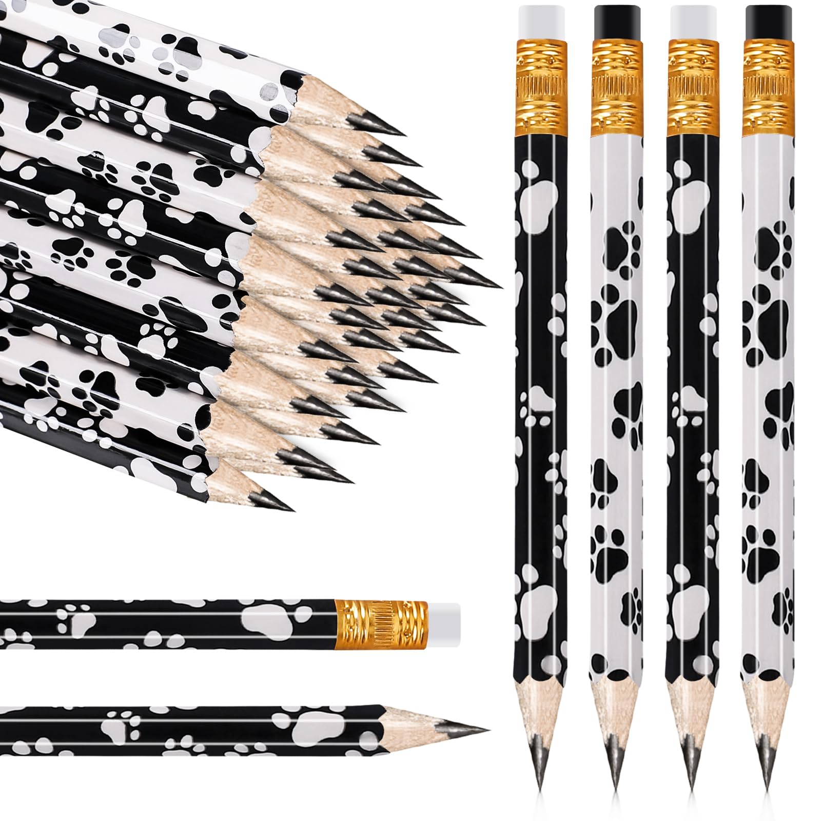 Whaline 48Pcs Dog Paw Short Pencils With Erasers White Black Paw Print Writing Pencil Cute Wood Pencils For Classroom Prize Stud