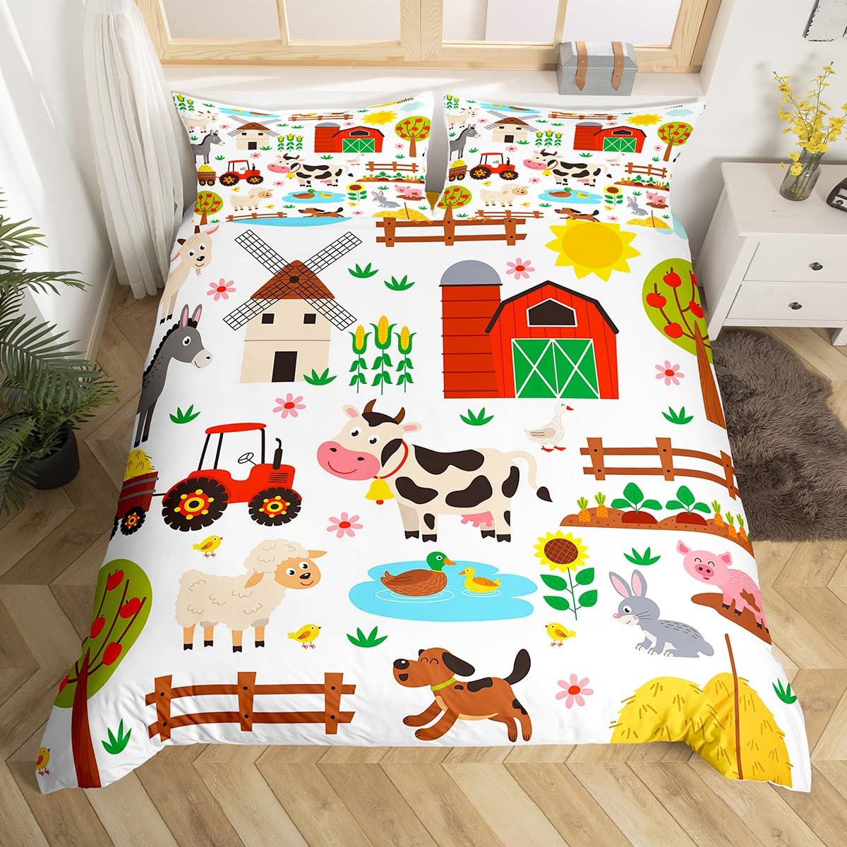 Cartoon Tractor Bedding Set Twin Size, Cute Farm Animals Comforter Cover Kids Toddler Farmhouse Duvet Cover Cute Farm Animals Be