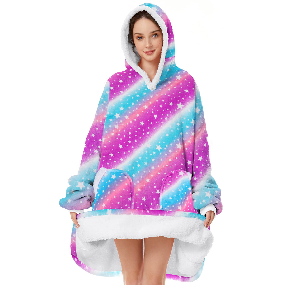 Zando Wearable Blanlet Oversized Hoodie Winter Sherpa Sweatshirt For Women Cozy Pocket Blanket Christmas Gifts Print Rainbow Adu