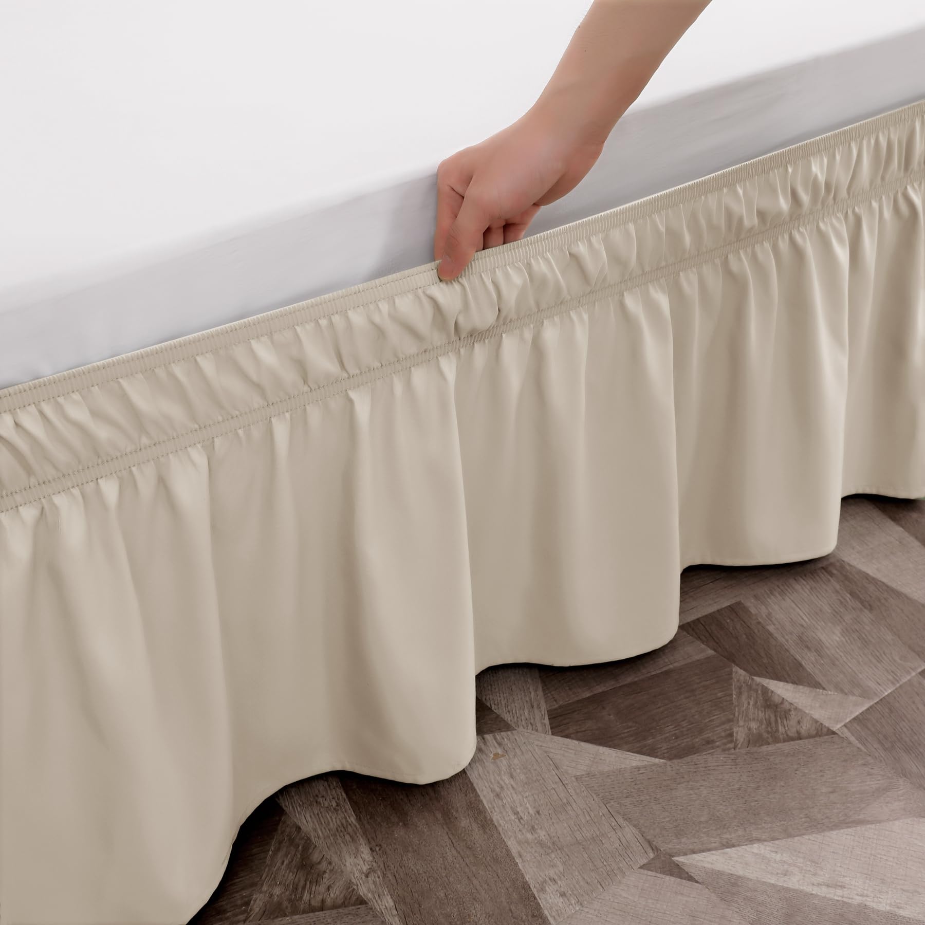 Toodou Easy To Install Wrap Around Bed Skirt Three Fabric Sides Elastic Dust Ruffled 16 Inch Tailored Drop, Fade Resistant-Beige