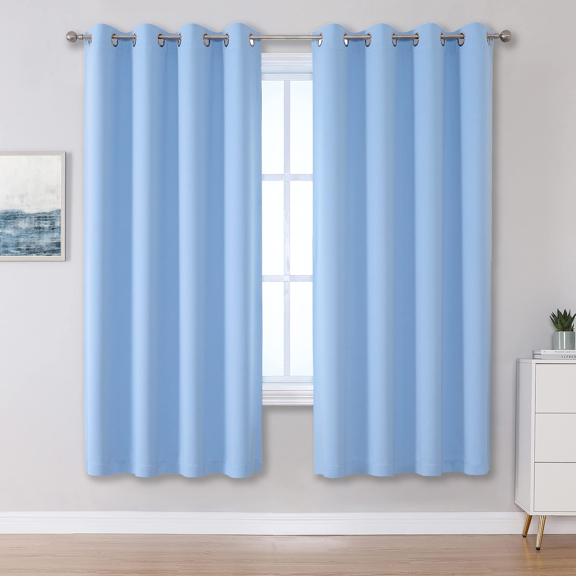 Dualife Cerulean Blue Blackout Curtain Panels Grommet Curtains For Living Room Solid Window Treatment Ring Top Room Darkening Be