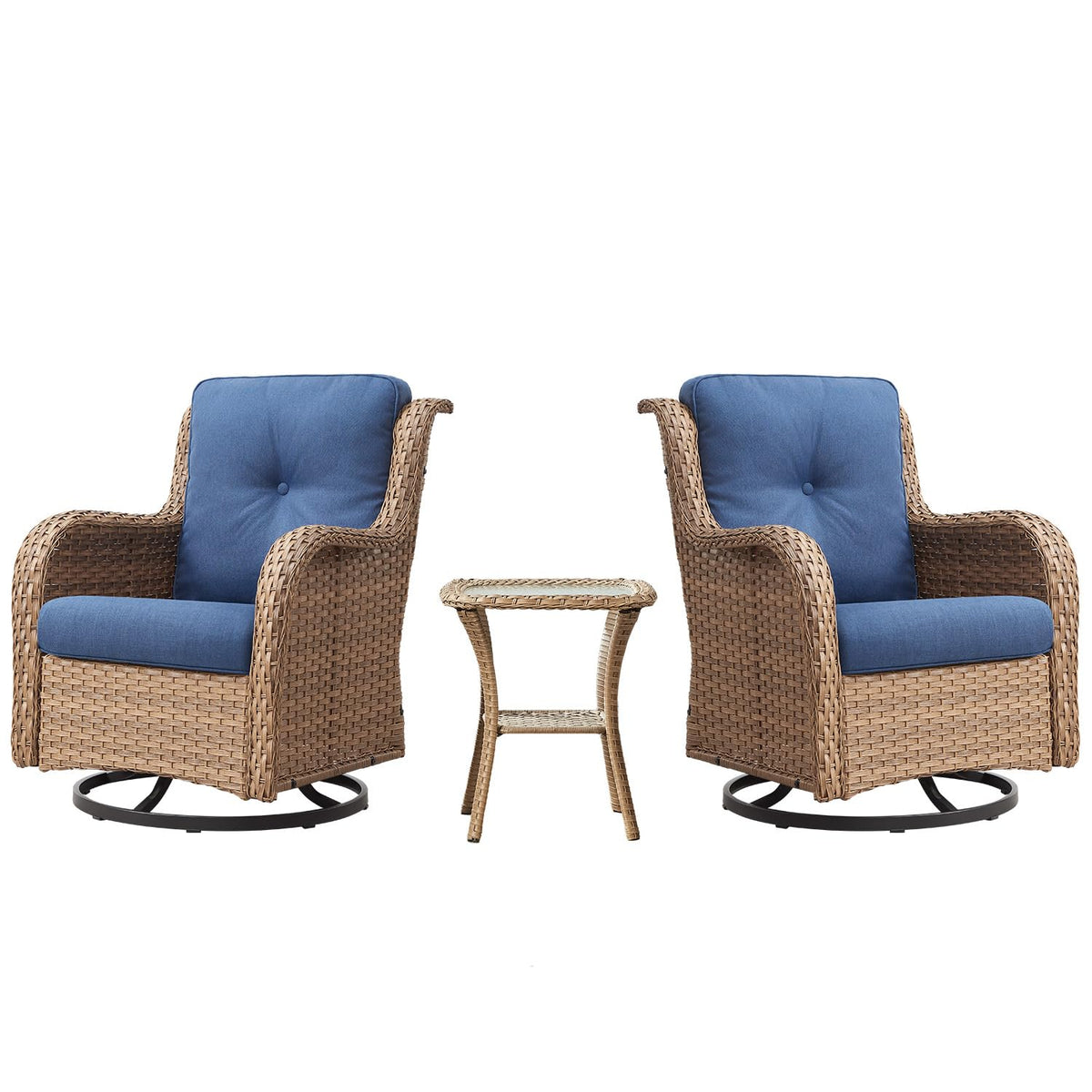 Belord Outdoor Swivel Rocker Patio Chairs - 360 Degree Swivel Glider Seating 350Lbs Weight Capacity 3 Piece Wicker Rocking Chairs Set With Side Table For Porch Balcony Deck, Yellow/Blue