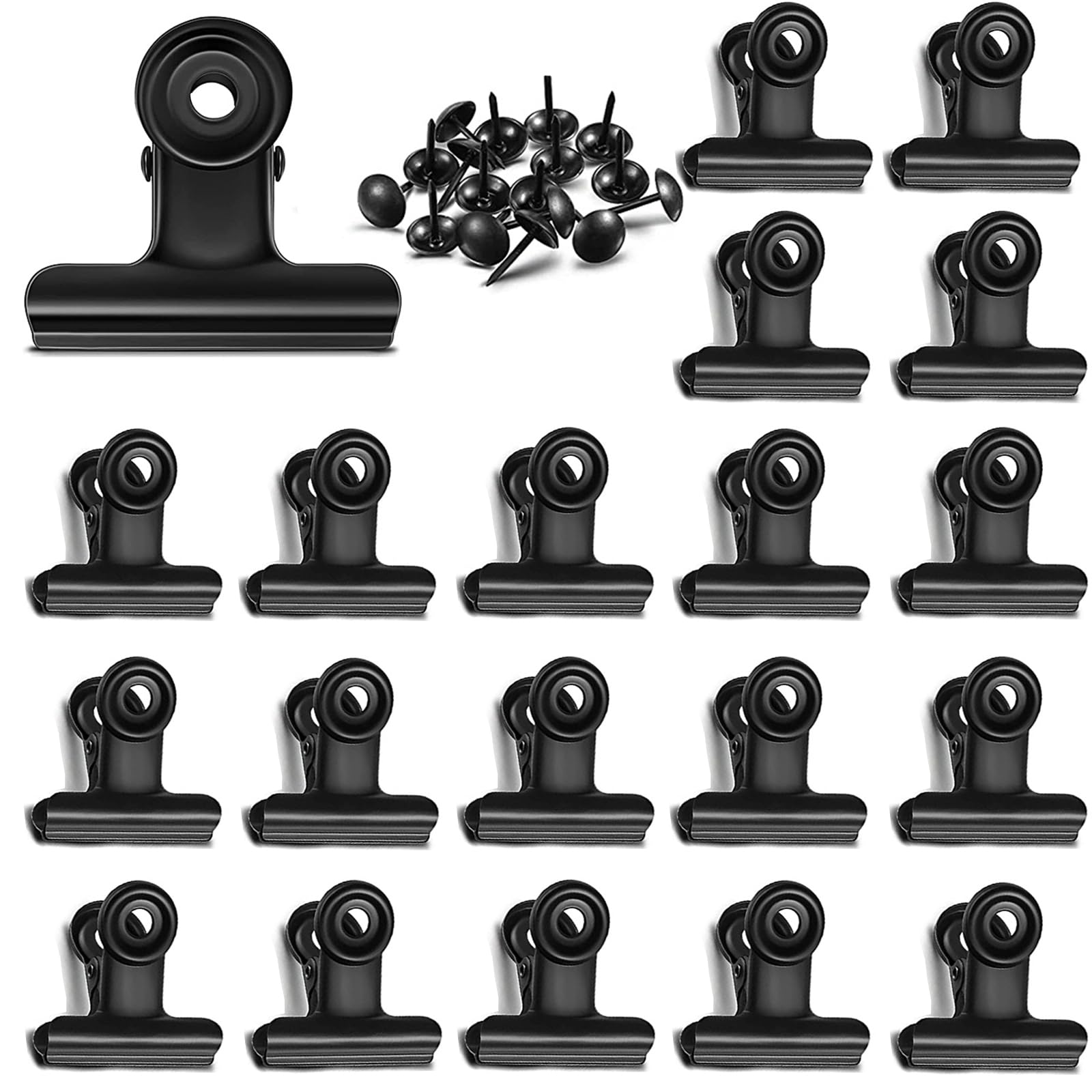 Yuchiya 20 Pack Metal Clips With 20 Push-Pins For Corkboard,Bulldog Clips For Hanging Pictures,Small Hinge Clips For Photos Craf