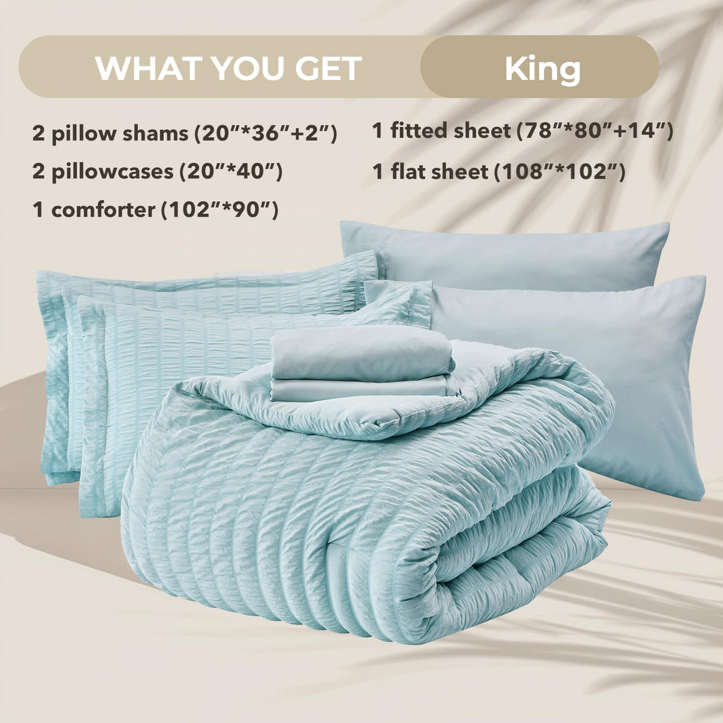 Hymokege Lake Blue King Size Comforter Set Seersucker 7 Pieces, All Season Luxury Bed In A Bag For Bedroom, Bedding Set With Com