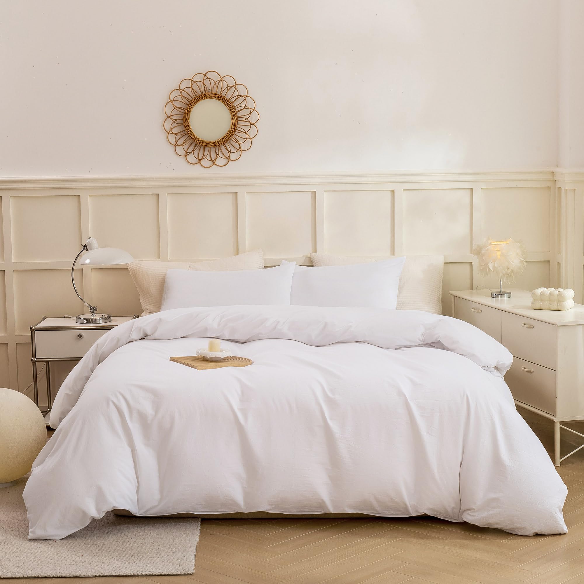 Ecocott White Duvet Cover Queen Size - 100% Washed Cotton Durable Soft Comfy Duvet Cover Set, Lightweight And Breathable With Zi