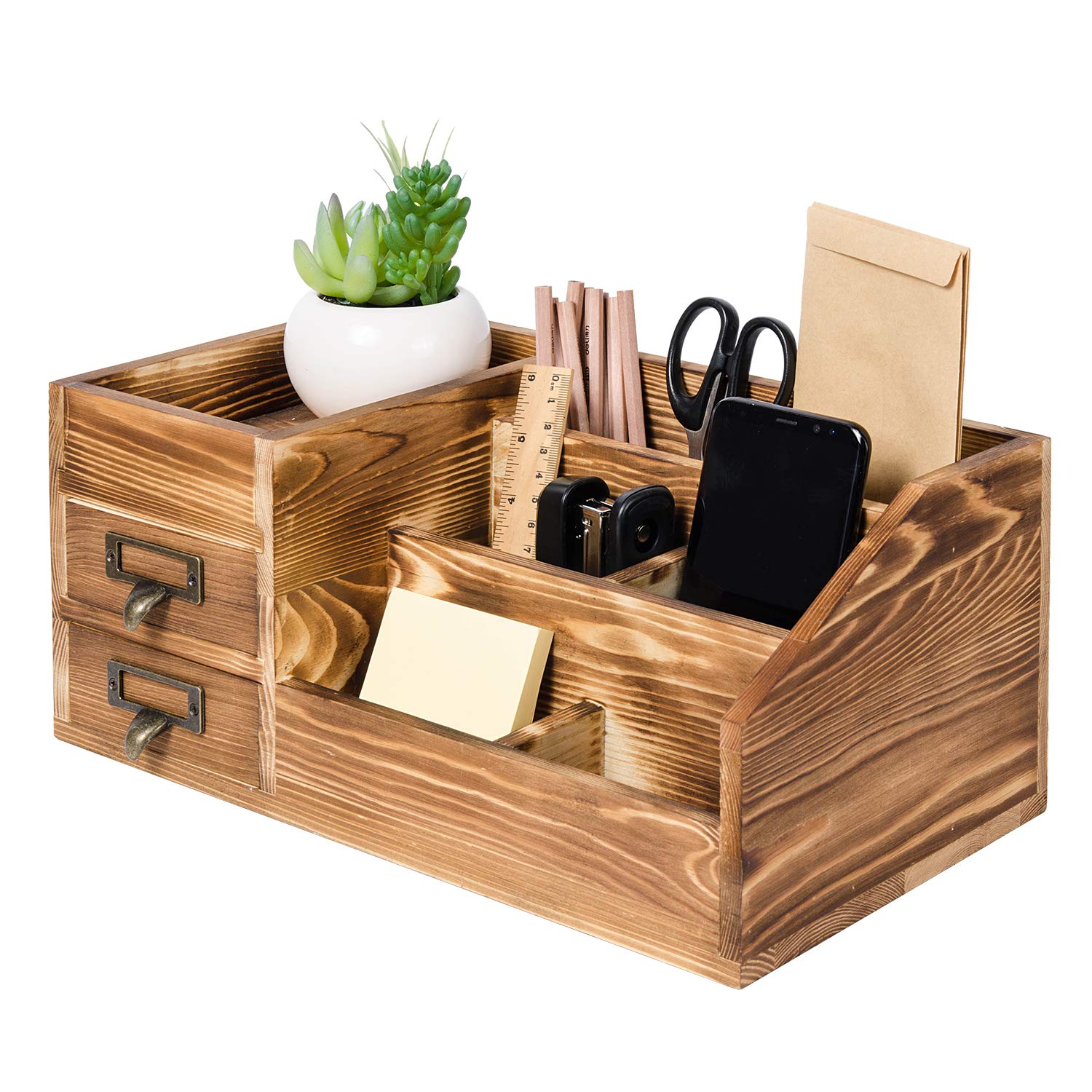 Liry Products Rustic Wooden Desktop Organizer Office Supplies Brown Tabletop Storage Cabinet Stepped Rack Multiple Compartments