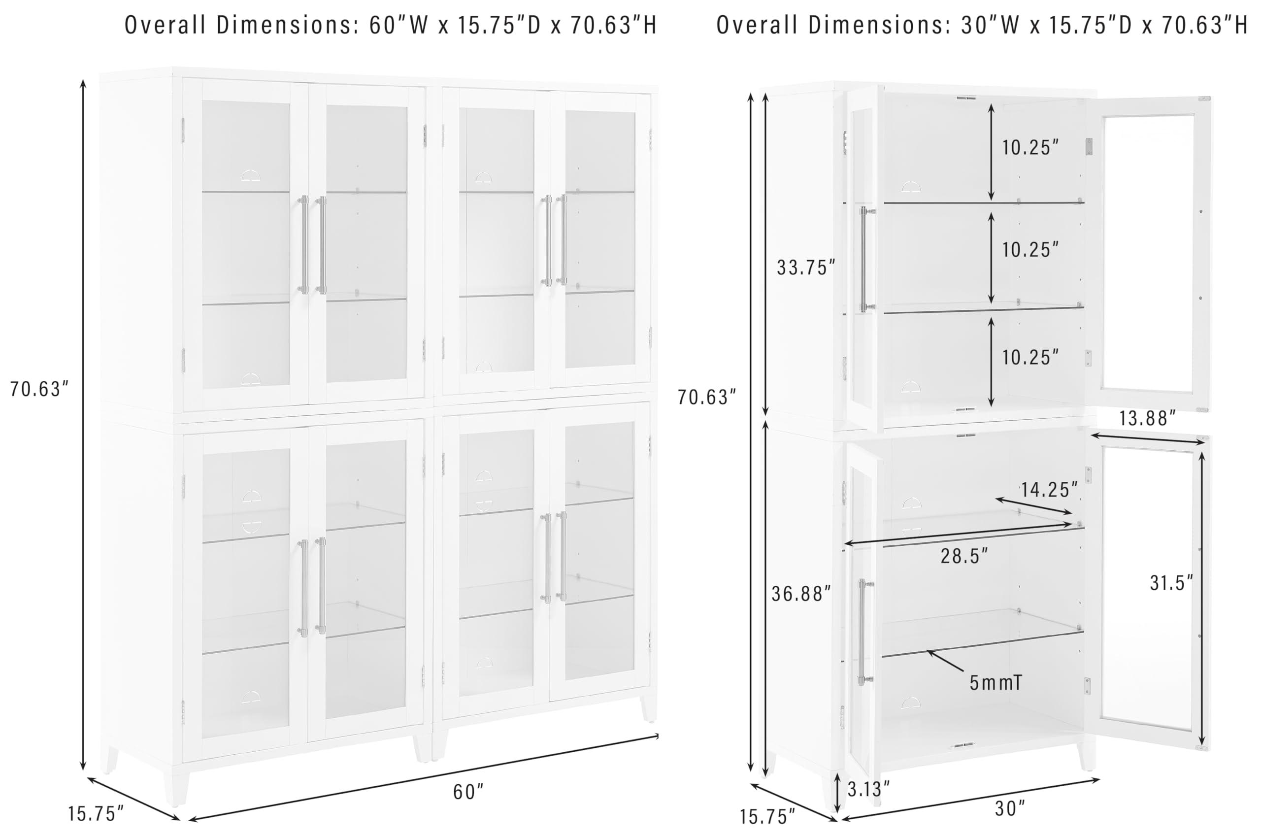 Crosley Furniture Roarke 2-Piece Glass Door Kitchen Pantry Storage Cabinet Set, Living Room, Entryway, White