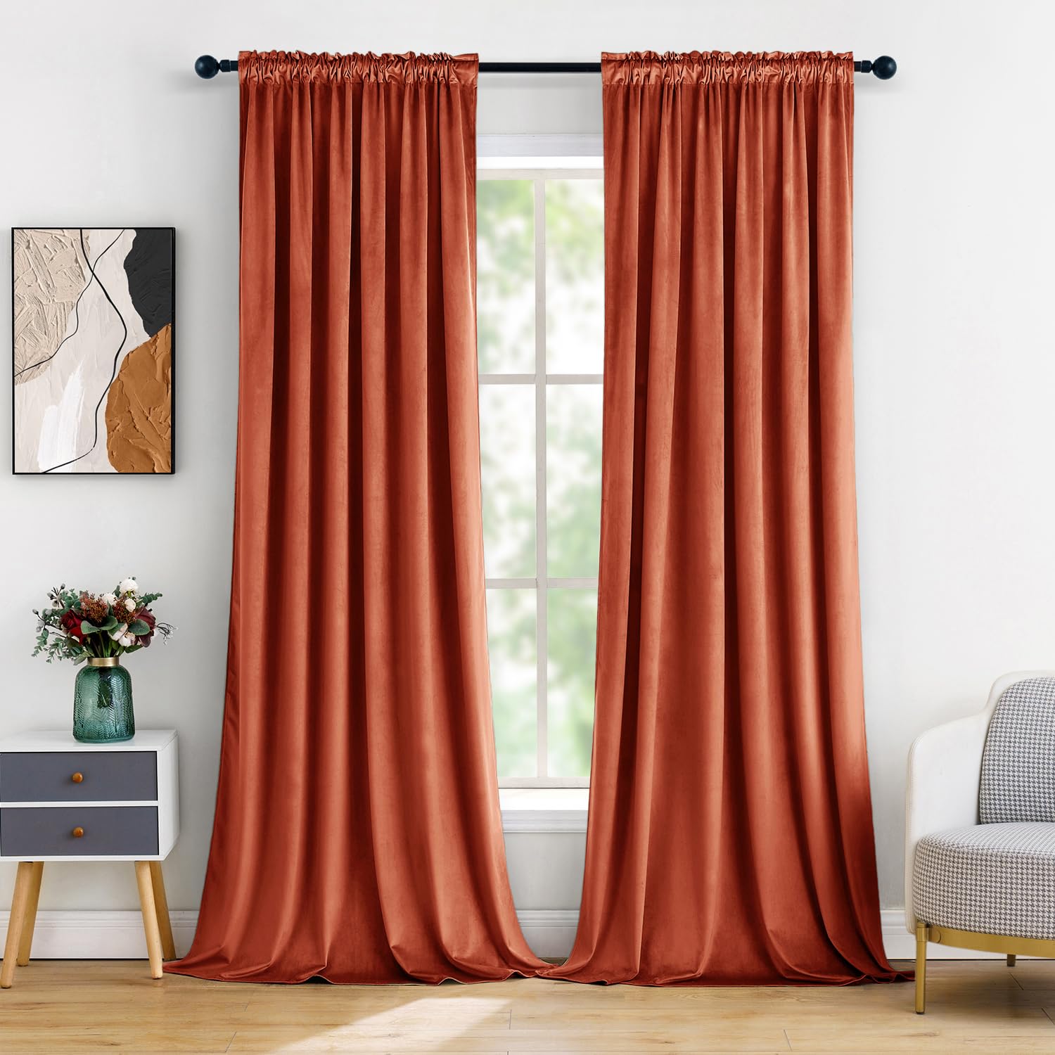 Miulee Burnt Orange Velvet Curtains Thermal Insulated Blackout Curtain Fall Drapes For Bedroom Living Room Darkening 108 Inches Long Rust Terracotta Panels Rod Pocket Set Of 2