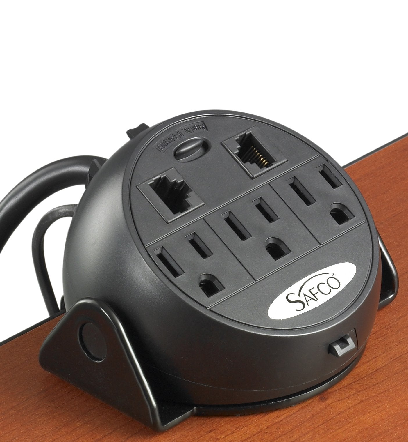 Safco Products Clamp On Power Module, 8 Foot Wall Chord, 3 Outlet Plugs Plus 2 Ethernet Ports, Mount to Store Out of Sight, Blac