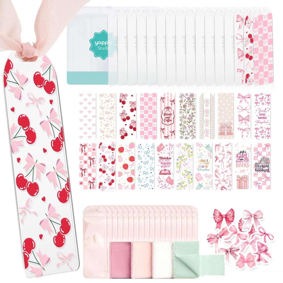 YOPPIX 6x2    Acrylic Bookmark Blanks- 20 Set Bookmark Making Kit with 20 UV DTF Stickers About Bow Theme 20 Ribbon 80 Bookish S
