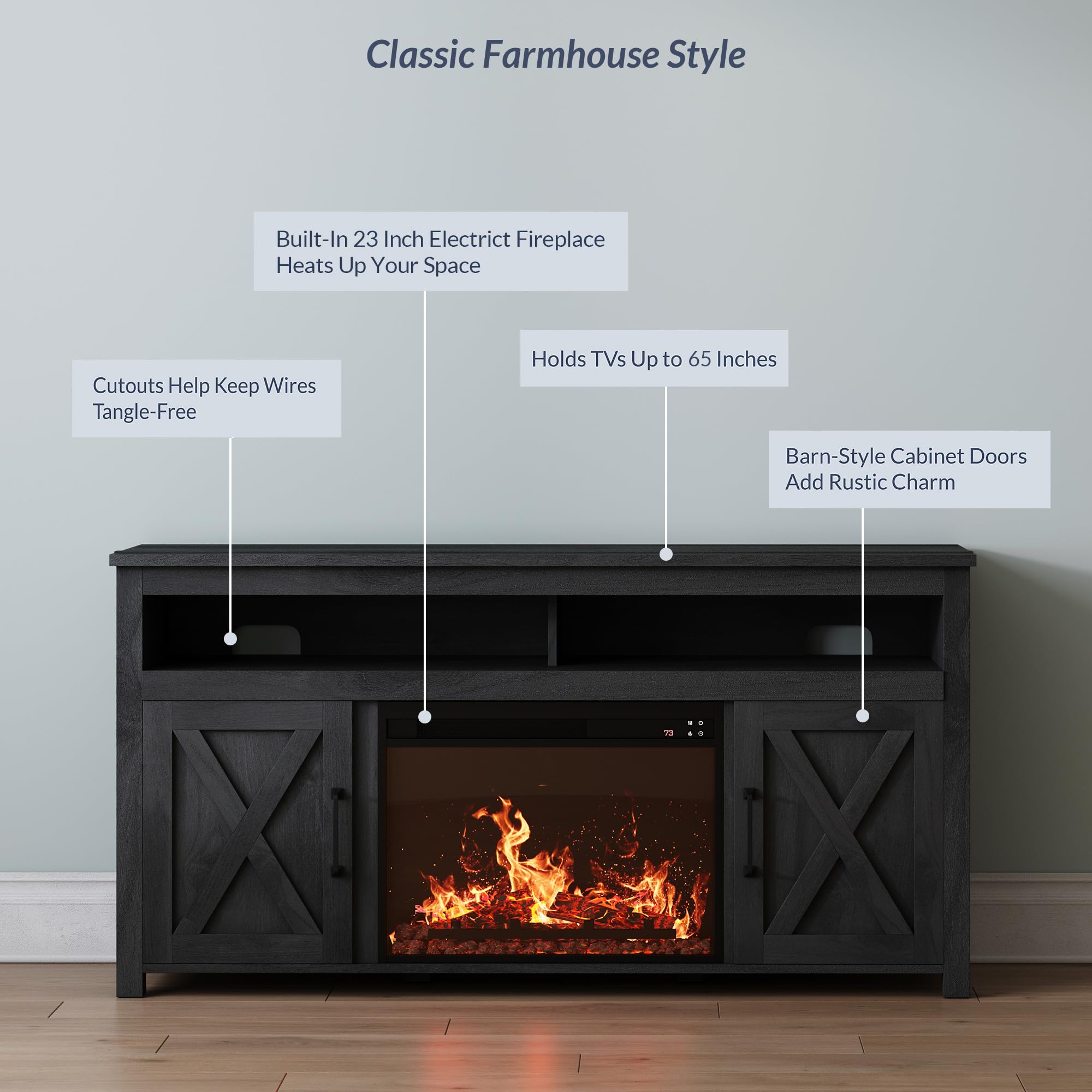 Belleze 58' Farmhouse Fireplace Tv Stand For Tvs Up To 65', 23' Electric Fireplace Heater With Sound, Entertainment Center Media Console Table Barn Door Storage Cabinets For Living Room - Rustic Grey