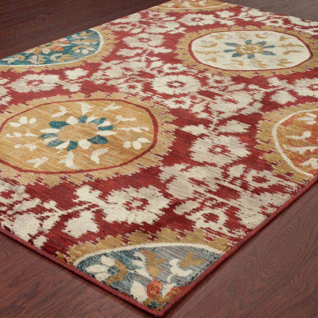 HomeRoots 510728 10 x 13 ft. Red Gold Teal Gray Ivory & Blue Oriental Power Loom Stain Resistant Rectangle Area Rug