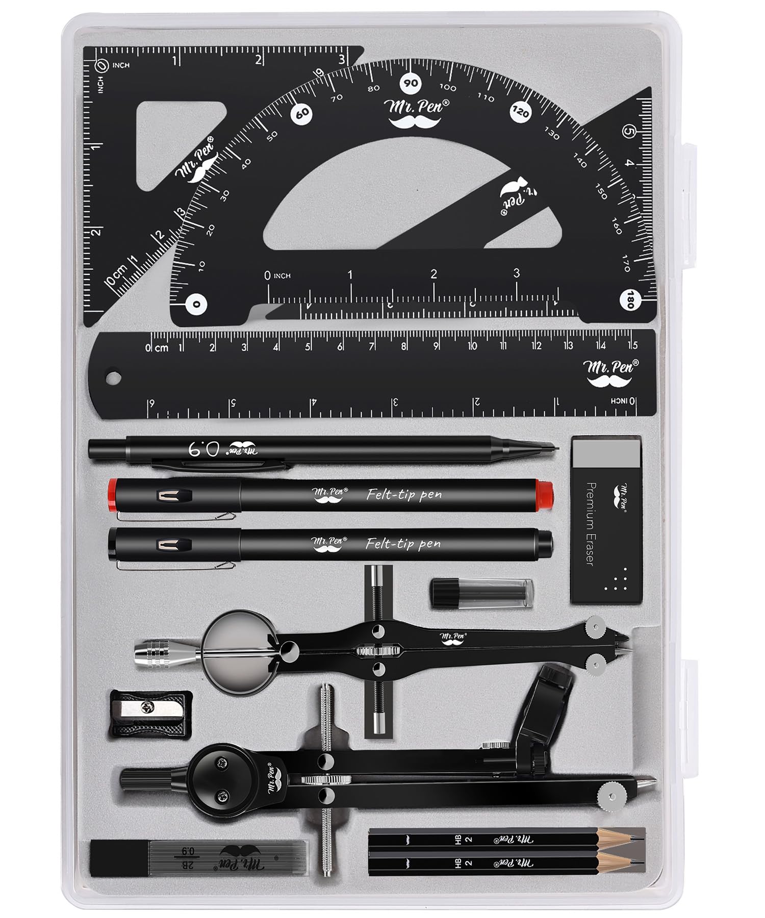 Mr. Pen- Professional Geometry Set, 15Pcs, Black Geometry Kit For Artists And Students, Geometry Set, Metal Rulers And Compasses